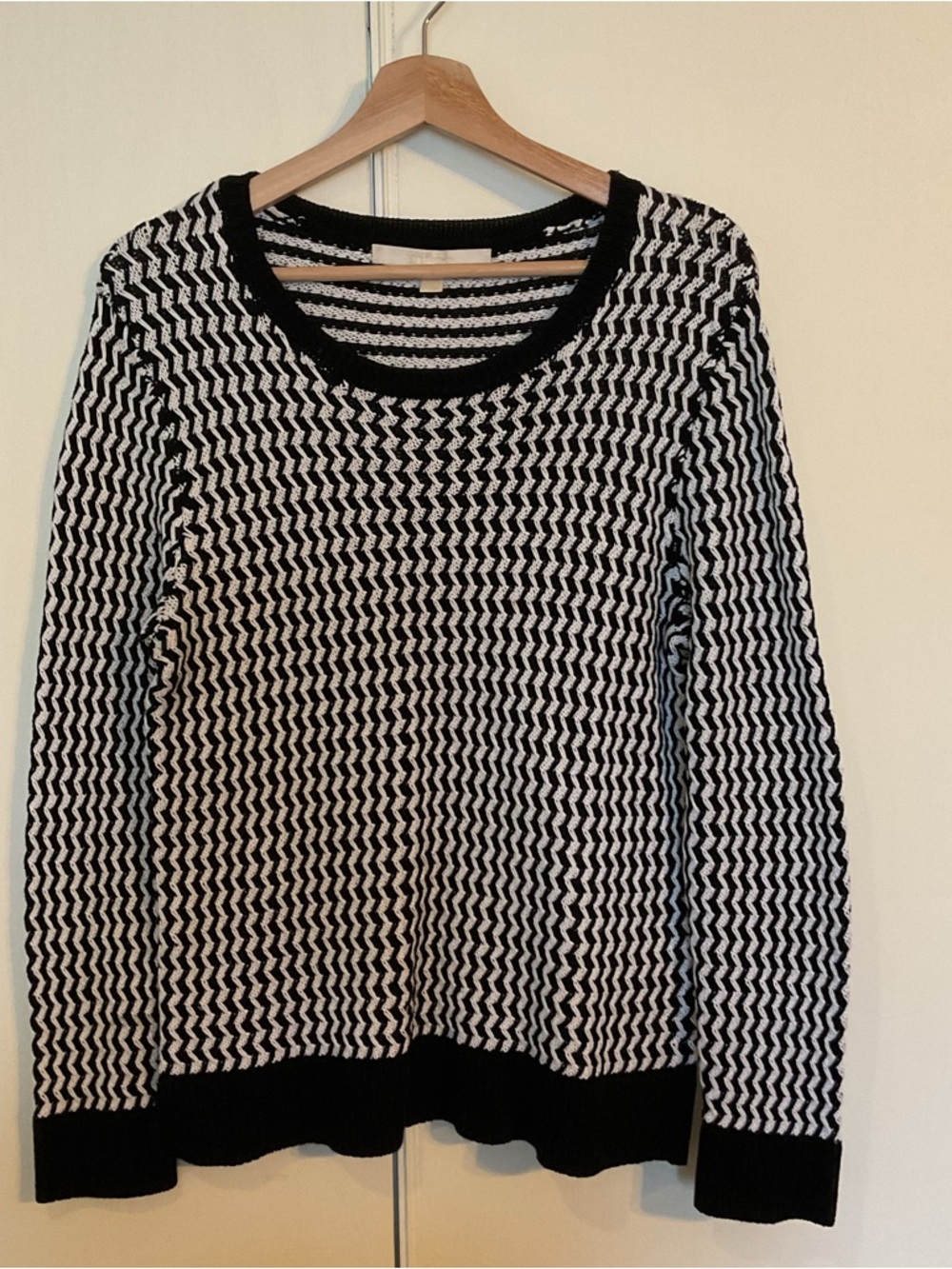 Nordstrom Collection 100% Mercerized Cotton Zigzag Black White Fisherman Sweater